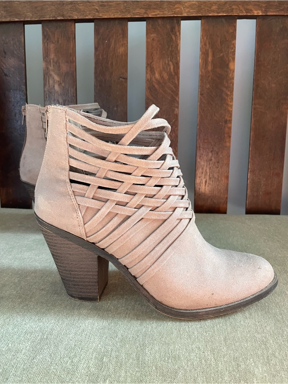Fergalicious Taupe Strappy Suede Ankle Booties